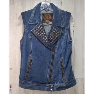 Milwaukee Performance Women's Med Denim Biker Vest Metal Accents Moto Asymmetric